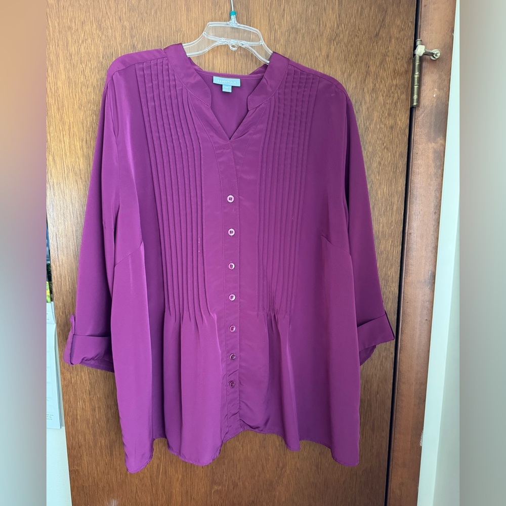 Essentials Women's 3X Rich Purple Button-Down Blouse with Pleats